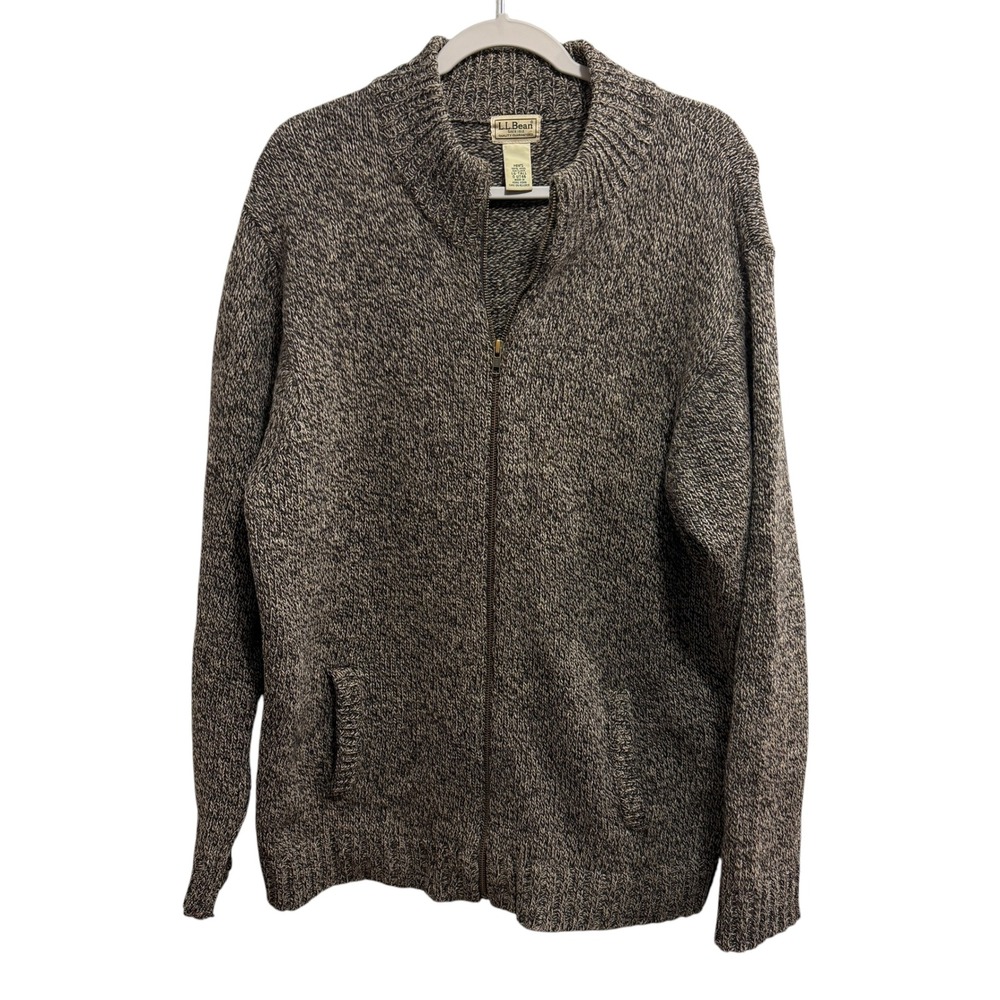 Vintage LL Bean Mens L Tall Shetland Wool Full Zip Cardigan Sweater Marled Brown